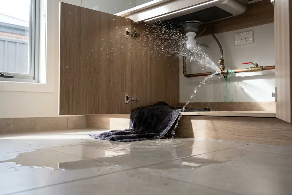 Burst pipe spraying water under a kitchen sink flooding the floor of a Gold Coast home before emergency repair