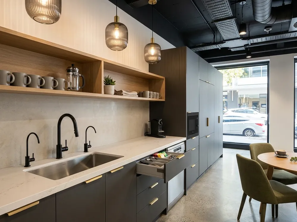 Commercial office kitchenette fit-out with stainless sink, filtered water tap and mixer plumbed by LB Plumbing Group