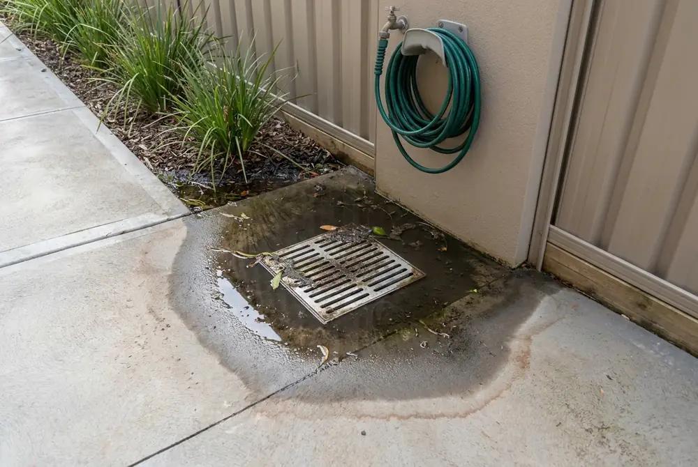 Blocked outdoor stormwater drain overflowing beside a Gold Coast home, cleared by LB Plumbing Group